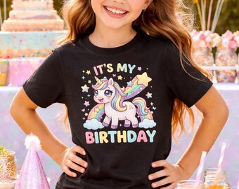 Unicorn Birthday Girl Shirt Pastel Rainbow Kids Tee (Black or White)