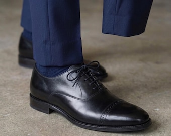 Handmade Black Leather Oxford Dress Shoes, Formal Mens Footwear