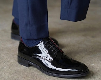 Zapatos Oxford de cuero negro para hombre, hechos a mano, brillantes, formales, para negocios o bodas, con cordones.