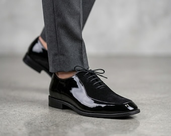 Mens Black Leather Oxford Shoes Handmade Glossy Cap Toe Formal Business Wedding Lace Up