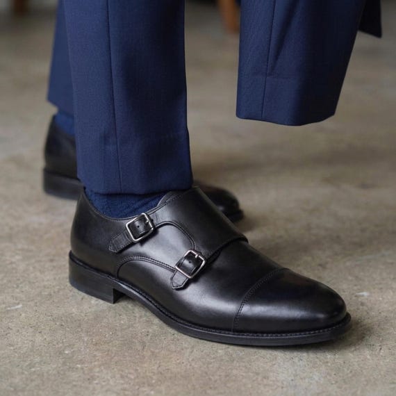Mens Dress Shoes, Handmade Leather Shoes, Black Double Monk Strap