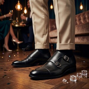 Puede incluir: Zapatos negros de cuero con doble hebilla y hebillas doradas. Los zapatos se usan con pantalones color beige y calcetines negros. La imagen est&aacute; tomada en interiores con un suelo de madera y personas en el fondo.