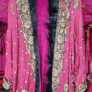 Vintage India recycled upcycled sari saree coat sparkling Gold beads Velvet lining pockets Sequins Rhinestones Embroidered Deep Pink OOAK #2