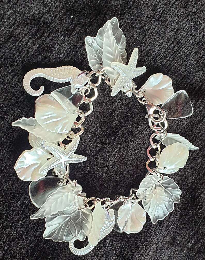 seahorses pearl /& translucent leaves- For all mermaids Pearly Queen charm bracelet in pure pearly whites sea shells starfish clear
