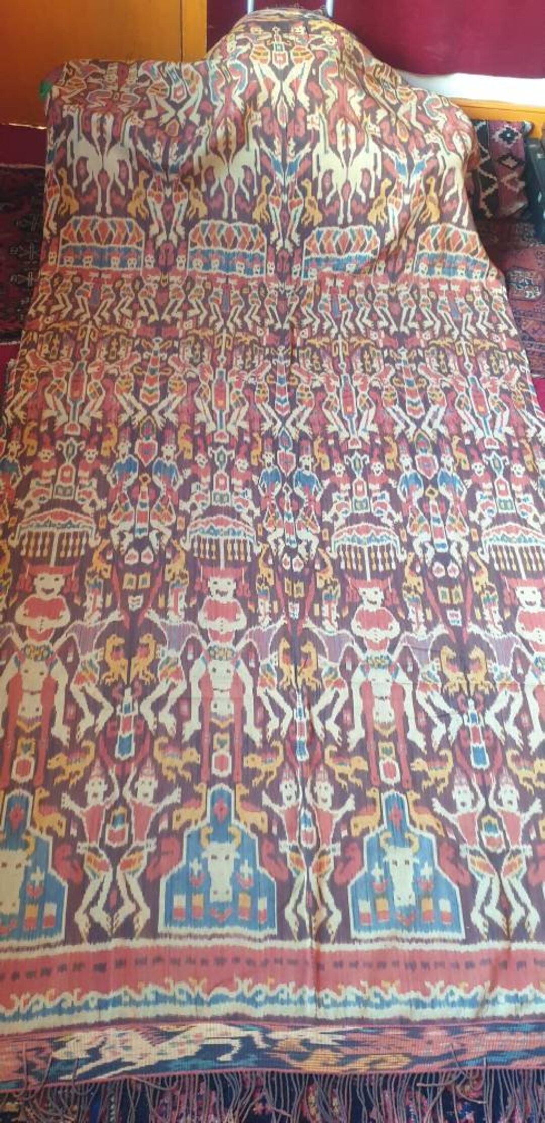 Tenture Murale Indonésienne Sumba Ikat - 226x152cm - Tissée Main - Vintage