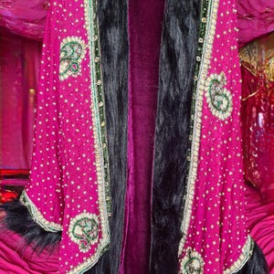 Vintage India recycled upcycled sari coat sparkling Pearl beads Velvet lining pockets Sequins Rhinestones Embroidered Fuschia Pink OOAK #4