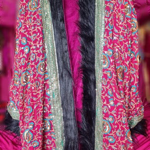 Vintage sequinned India recycled upcycled sari Dark Pink saree coat Velvet lining Floral Embroidery Turquoise, gold, orange, Fun Fur OOAK #7