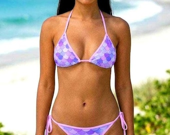 Meerjungfrau-Bikini für Frauen, Lila-Skala-Bikini, seitlicher String-Bikini, Dreieck-Bikini-Set, Meerjungfrau-Badeanzug, Strandurlaub-Badebekleidung