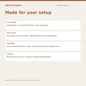 May include: An informational graphic titled NESTIFYCRAFT Made for your setup. It lists details including File Format: Printable PDFs and interactive PDF fields, Paper Sizes: A4 and US Letter, Software requirements, and License terms for personal use.