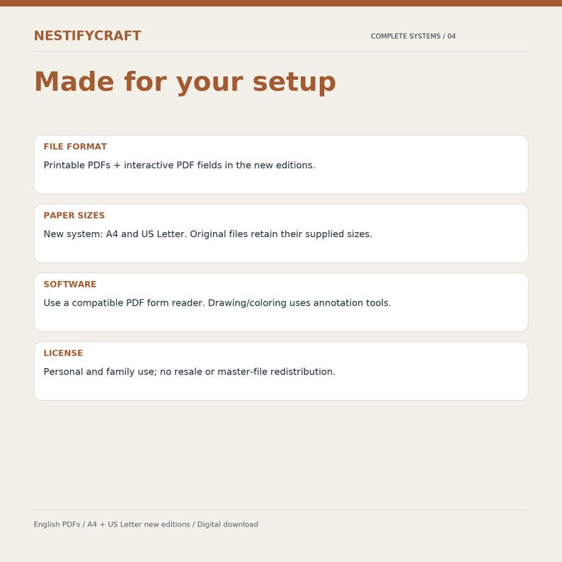 May include: An informational graphic titled NESTIFYCRAFT Made for your setup. It lists details including File Format: Printable PDFs and interactive PDF fields, Paper Sizes: A4 and US Letter, Software requirements, and License terms for personal use.