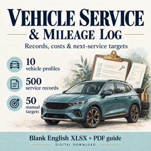 May include: A digital vehicle service and mileage log template featuring a teal SUV, a clipboard with a wrench icon, and text detailing 10 vehicle profiles, 500 service records, and 50 manual targets. Includes blank English XLSX and PDF files.