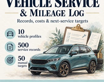 Vehicle Maintenance Log Spreadsheet | Car Service Costs & Mileage Records | 10 Vehicles | XLSX + PDF