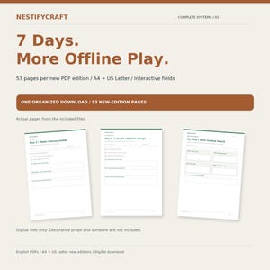 May include: A digital download product titled 7 Days. More Offline Play. featuring 53 pages in A4 and US Letter sizes with interactive fields. The document includes three sample pages showing daily planning and routine boards.