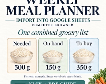 Weekly Meal Planner for Google Sheets, Dinner Plan & Grocery List, XLSX + PDF