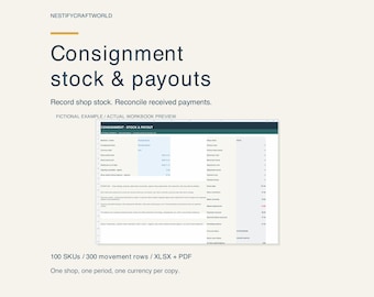 Consignment Stock and Payout Tracker | Inventory, Shop Commission & Payment Log | XLSX Spreadsheet + PDF Guide