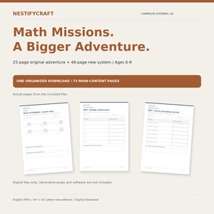 May include: A digital math educational resource titled Math Missions. A Bigger Adventure, featuring 73 pages total. Includes a 25-page adventure and 48-page system for ages 6-9, with sample worksheets showing River of Riddles, Bridge subtraction, and Acorn grouping market.