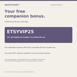 Puede incluir: Un gr&aacute;fico promocional digital con fondo crema claro y texto morado oscuro. Incluye el encabezado Nestifycraft, el texto Your free companion bonus y un recuadro morado con el c&oacute;digo ETSYVIP25 para un 25% de descuento.