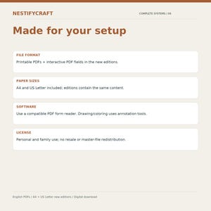 May include: A digital information graphic titled NESTIFYCRAFT Made for your setup. It lists specifications including file format as printable and interactive PDFs, paper sizes as A4 and US Letter, software requirements, and license terms.