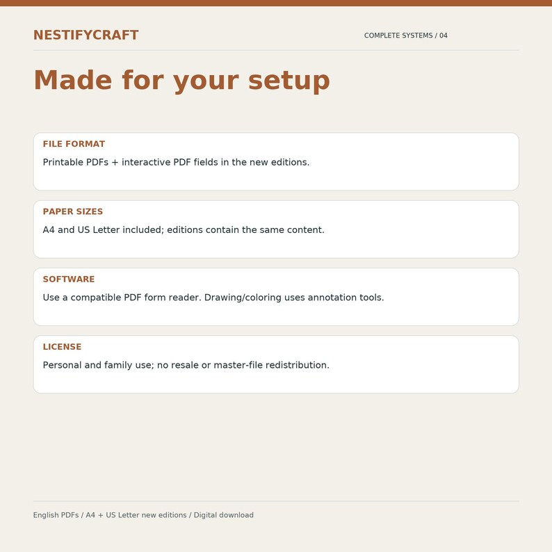 May include: A digital information graphic titled NESTIFYCRAFT Made for your setup. It lists specifications including file format as printable and interactive PDFs, paper sizes as A4 and US Letter, software requirements, and license terms.