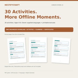 May include: A digital product listing titled NESTIFYCRAFT Complete Systems 01, featuring 30 activities for ages 4-8. The document includes text about offline moments, organized downloads, planners, certificates, and previews of activity pages.