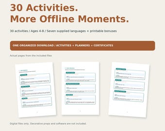 May include: A digital product listing titled NESTIFYCRAFT Complete Systems 01, featuring 30 activities for ages 4-8. The document includes text about offline moments, organized downloads, planners, certificates, and previews of activity pages.