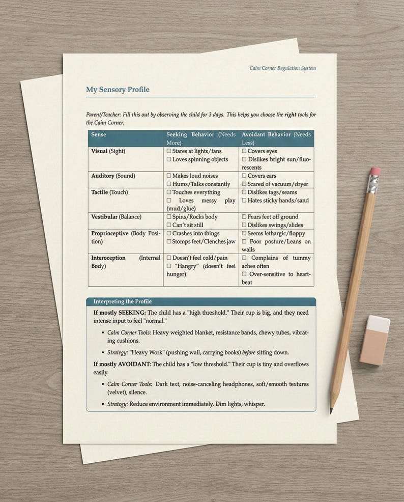 May include: A printed document titled My Sensory Profile and Calm Corner Regulation System, featuring a table of sensory seeking and avoidant behaviors, alongside a wooden pencil with a pink eraser, all on a light-colored surface.