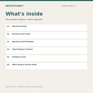 May include: A digital document titled NESTIFYCRAFT What's inside, listing six items: Welcome Packets, Discovery Call Scripts, Quarterly Goal Roadmaps, Client Progress Trackers, Feedback Forms, and Office Setup & License Guide in dark green text.