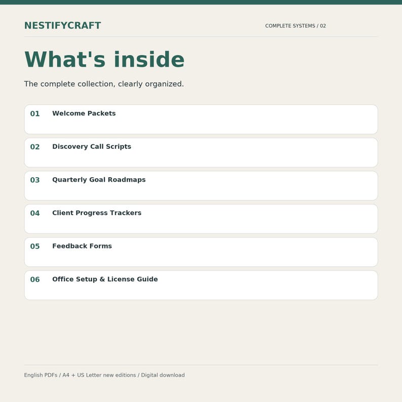 May include: A digital document titled NESTIFYCRAFT What's inside, listing six items: Welcome Packets, Discovery Call Scripts, Quarterly Goal Roadmaps, Client Progress Trackers, Feedback Forms, and Office Setup & License Guide in dark green text.
