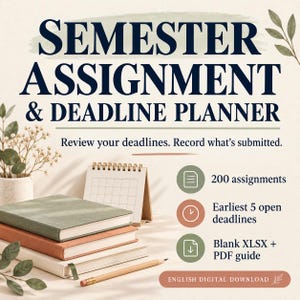 Può includere: Un planner digitale intitolato SEMESTER ASSIGNMENT & DEADLINE PLANNER con il testo Review your deadlines. Record what's submitted. Include una pila di tre quaderni, un calendario da scrivania, una matita e icone per 200 compiti, 5 scadenze e file guida XLSX e PDF vuoti.