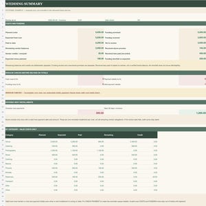 Actual budget summary with fictional entries: expected costs 5830, paid 2200, remaining vendor balances 3650 and separate credit 20. Funding received 2600. Budget workbook is separate from the guest workbook; delivered working entries are blank.