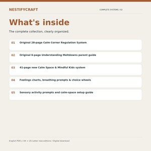 May include: A digital document titled NESTIFYCRAFT What's inside, listing five components: 28-page Calm Corner Regulation System, 6-page Understanding Meltdowns parent guide, 41-page Calm Space & Mindful Kids system, feelings charts, and sensory activity prompts.