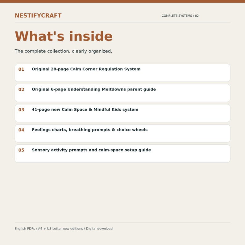 May include: A digital document titled NESTIFYCRAFT What's inside, listing five components: 28-page Calm Corner Regulation System, 6-page Understanding Meltdowns parent guide, 41-page Calm Space & Mindful Kids system, feelings charts, and sensory activity prompts.