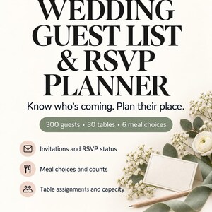 Könnte beinhalten: Eine digitale Hochzeitsgästeliste und RSVP-Planervorlage mit dem Text Plan your people, clearly, Wedding Guest List & RSVP Planner und Know who’s coming. Plan their place. Sie umfasst 300 Gäste, 30 Tische und 6 verschiedene Menüoptionen.