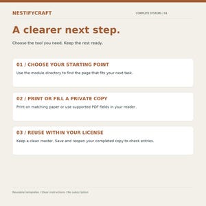 May include: A light beige informational document titled NESTIFYCRAFT COMPLETE SYSTEMS / 03. It features the text A clearer next step and three numbered steps: 01 / CHOOSE YOUR STARTING POINT, 02 / PRINT OR FILL A PRIVATE COPY, and 03 / REUSE WITHIN YOUR LICENSE.