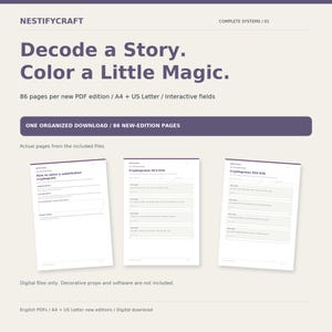May include: A digital download product titled NESTIFYCRAFT featuring 86 pages of cryptogram puzzles. The document includes interactive fields, A4 and US Letter formats, and instructions on how to solve substitution cryptograms.