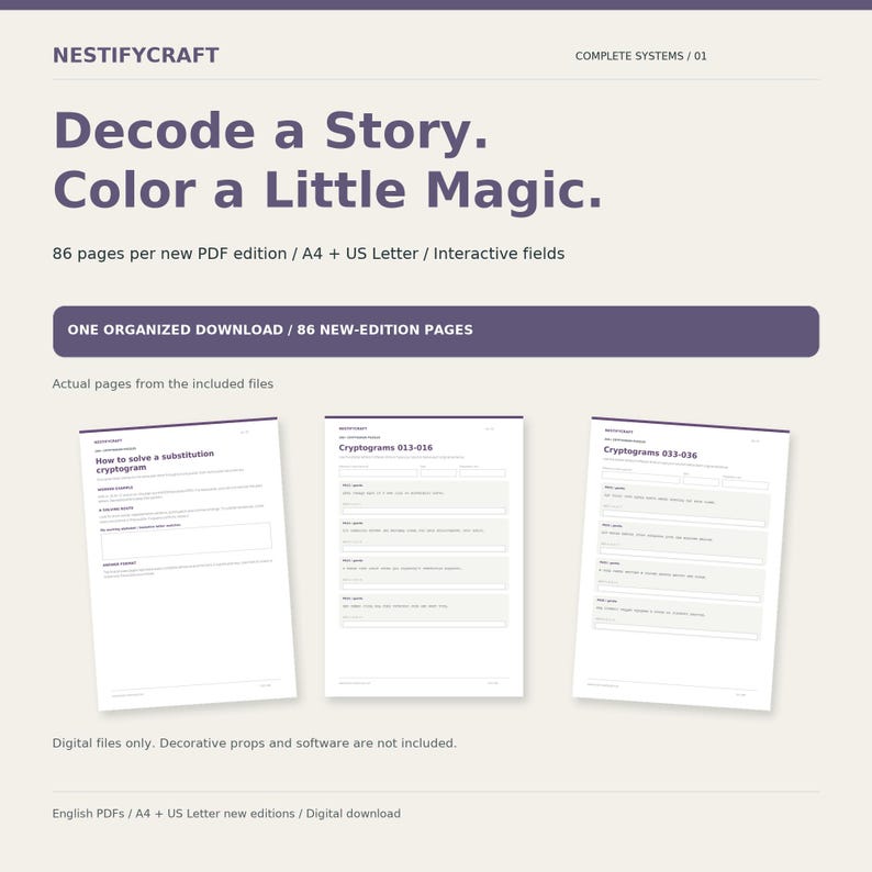 May include: A digital download product titled NESTIFYCRAFT featuring 86 pages of cryptogram puzzles. The document includes interactive fields, A4 and US Letter formats, and instructions on how to solve substitution cryptograms.