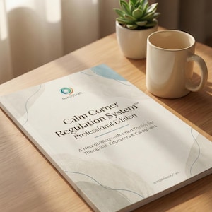 May include: A white softcover book titled Calm Corner Regulation System Professional Edition, A Neurobiology-Informed Toolkit for Therapists, Educators & Caregivers by NestifyCraft, featuring abstract blue and gray watercolor shapes.