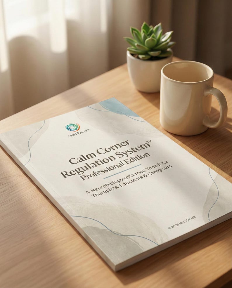 May include: A white softcover book titled Calm Corner Regulation System Professional Edition, A Neurobiology-Informed Toolkit for Therapists, Educators & Caregivers by NestifyCraft, featuring abstract blue and gray watercolor shapes.