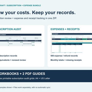 Op de afbeelding: Een digitaal pakket getiteld NESTIFYCRAFT / SUBSCRIPTION + EXPENSE BUNDLE met twee spreadsheets voor financiële administratie. Het bevat een abonnement-audittool voor 100 records en een onkosten-tracker voor 500 records, plus twee PDF-handleidingen in A4 en US Letter-formaat.