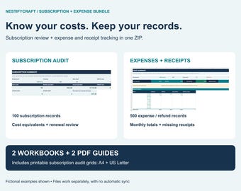 Subscription and Expense Tracker Bundle: Renewal Review, Receipt and Refund Log, Excel XLSX