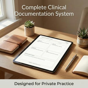 Puede incluir: Una tableta digital que muestra una nota de progreso clínico, con el texto "Complete Clinical Documentation System" y "Designed for Private Practice." Un cuaderno encuadernado en cuero, un bolígrafo y pequeñas plantas en macetas están sobre una mesa de madera.
