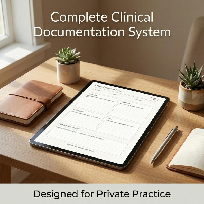 May include: A digital tablet displaying a Clinical Progress Note template with sections for Subjective, Objective, Assessment, Plan, and Safety & Risk Protocol, accompanied by two notebooks, a silver pen, and two potted succulent plants.