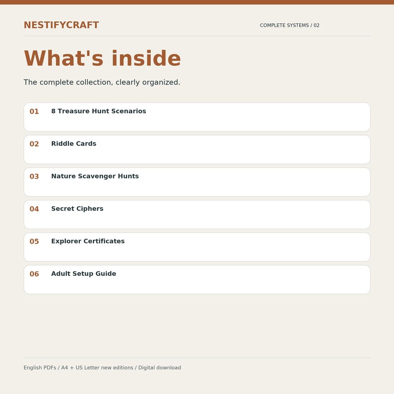 May include: A digital document titled NESTIFYCRAFT What's inside, listing six components: 8 Treasure Hunt Scenarios, Riddle Cards, Nature Scavenger Hunts, Secret Ciphers, Explorer Certificates, and an Adult Setup Guide in a light beige layout.