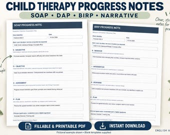 Child Therapy Progress Notes Template: Fillable SOAP, DAP & BIRP Session Notes pdf | Pediatric Mental Health Counseling Documentation Kit