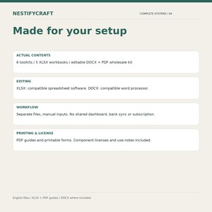 May include: A digital information card titled NESTIFYCRAFT COMPLETE SYSTEMS / 04 Made for your setup. It lists contents including 6 toolkits, 5 XLSX workbooks, and an editable DOCX and PDF wholesale kit, with sections for editing, workflow, and printing.