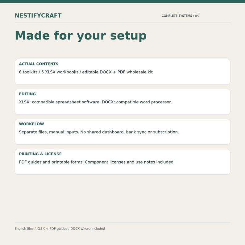 May include: A digital information card titled NESTIFYCRAFT COMPLETE SYSTEMS / 04 Made for your setup. It lists contents including 6 toolkits, 5 XLSX workbooks, and an editable DOCX and PDF wholesale kit, with sections for editing, workflow, and printing.