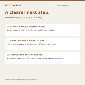 May include: A light beige informational document titled NESTIFYCRAFT COMPLETE SYSTEMS / 03. It features the text A clearer next step and three numbered steps: 01 / CHOOSE YOUR STARTING POINT, 02 / PRINT OR FILL A PRIVATE COPY, and 03 / REUSE WITHIN YOUR LICENSE.