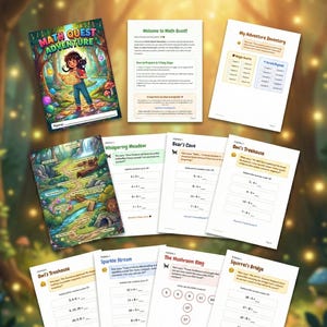 May include: A collection of printed Math Quest Adventure activity sheets featuring colorful illustrations of forests, streams, and animals. The pages include math problems, adventure inventory lists, and instructions for children to solve equations.