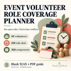 Op de afbeelding: Event Volunteer Role Coverage Planner digitale download met klembord, checklist, klok en houten figuren. Tekst: Event Volunteer Role Coverage Planner, See open roles. Check time conflicts., 40 volunteers, 100 role slots, 300 assignments, Blank XLSX + PDF guide, NestifyCraftWorld.