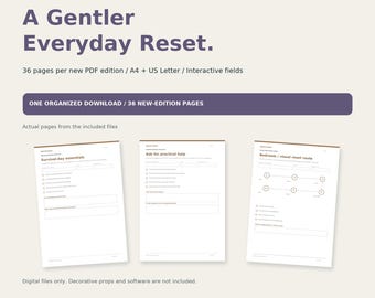May include: A digital download titled A Gentler Everyday Reset by NESTIFYCRAFT, featuring 36 pages in A4 and US Letter formats with interactive fields. The image displays three sample pages with text headers including Survival-day essentials.